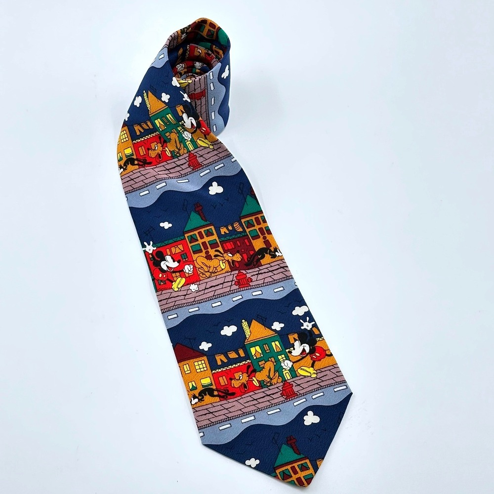 Vintage Balancine Inc Disney Mickey Mouse Pluto Silk Tie Navy Blue Street Scene